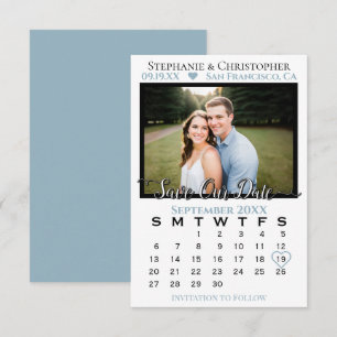 Tarjeta Calendario de Fotos Boda Azul Polvoriento Guarda N