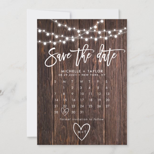 Tarjeta Calendario de Madera para Guardar la Fecha (Anverso)
