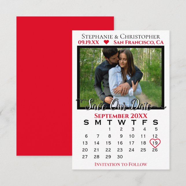 Tarjeta Calendario fotográfico simple Boda rojo Guardar nu (Anverso / Reverso)