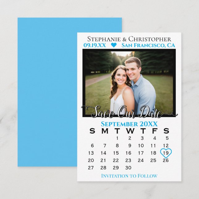 Tarjeta Calendario y Boda fotográfico de Sky Blue Save Our (Anverso / Reverso)