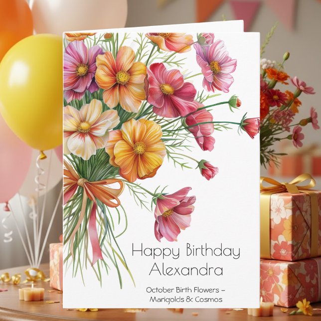 Tarjeta Caléndulas Cosmos Flor de Nacimiento de Octubre Cu (Subido por el creador)