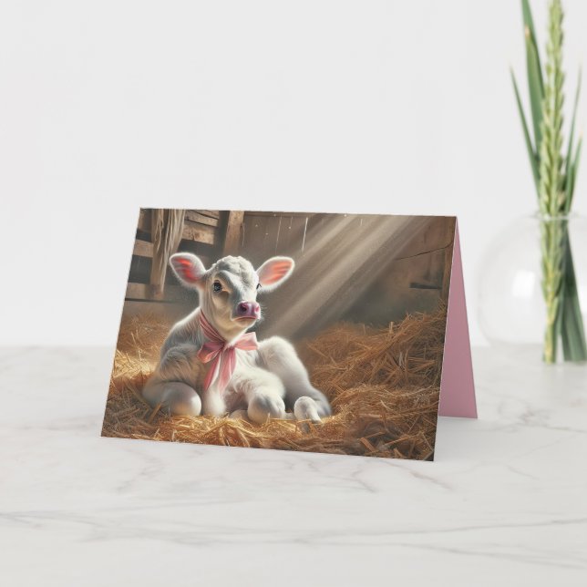 Tarjeta Calf Blanco En Un Estanque De Barn Soleado (Anverso)