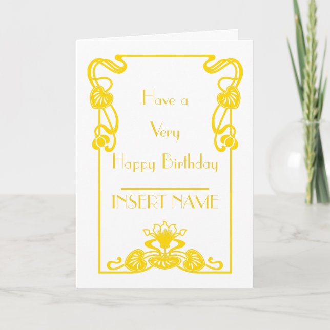 Tarjeta Caligrafía Art Deco Cumpleaños Blanco y Oro (Anverso)