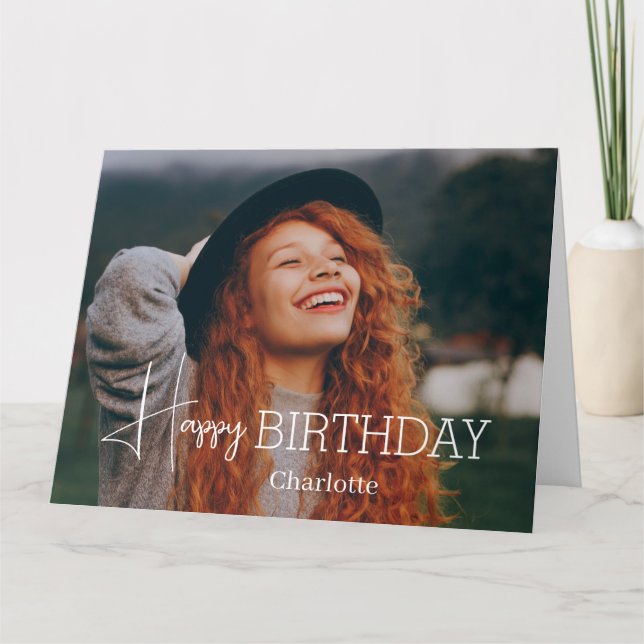 Tarjeta Caligrafía Simple y Elegante Cumpleaños Foto con E (Anverso)