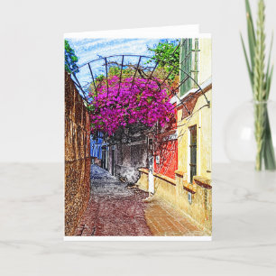 Tarjeta Calle española con flores moradas