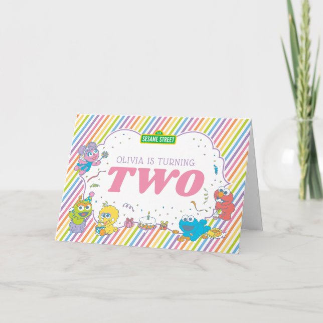 Tarjeta Calle Sésamo| Segundo cumpleaños a rayas (Anverso)