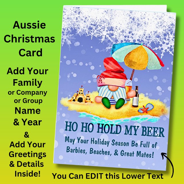 Tarjeta Cambiar texto, Beach Santa, Sostén mi cerveza, Nav (Add your Christmas Greeting Inside this Card - Change the Lower Text on the front,)