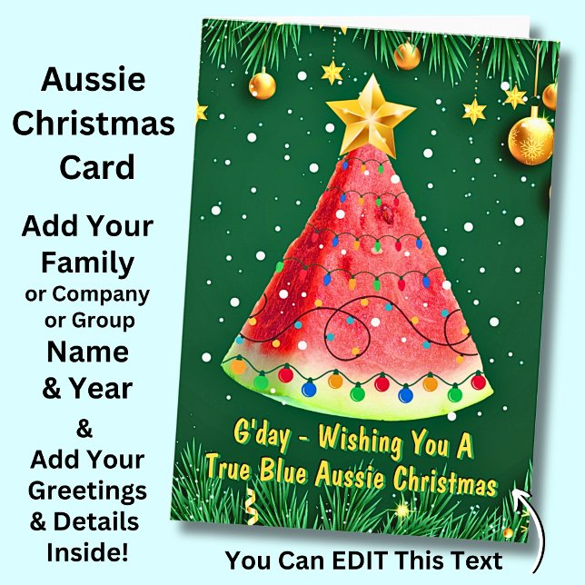 Tarjeta Cambiar texto, sandía deseando verdadero azul aust (Watermelon Christmas Tree Australian Christmas Card)