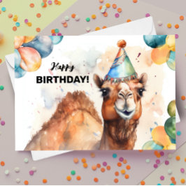 Tarjeta Camello con globos y Gorra Fiesta feliz cumpleaños