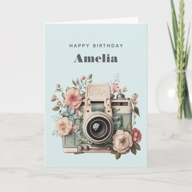 Tarjeta Camera with Flowers Retro Pastel Image Birthday (Anverso)