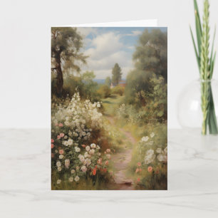 Tarjeta Camino de jardín florecido vintage primavera, óleo