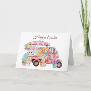Tarjeta Camión antiguo con flores y huevos de Pascua