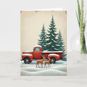 Tarjeta Camión Antiguo de Navidad Ciervos Nieve