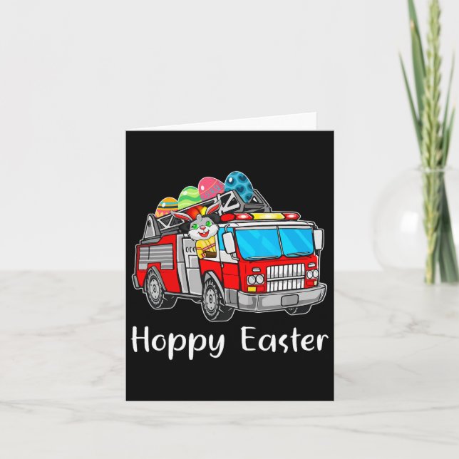 Tarjeta Camión bombero Día de Pascua conejo huevos feliz e (Anverso)