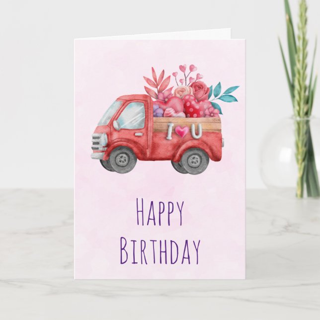 Tarjeta Camión de amor lindo con carga cardíaca cumpleaños (Anverso)