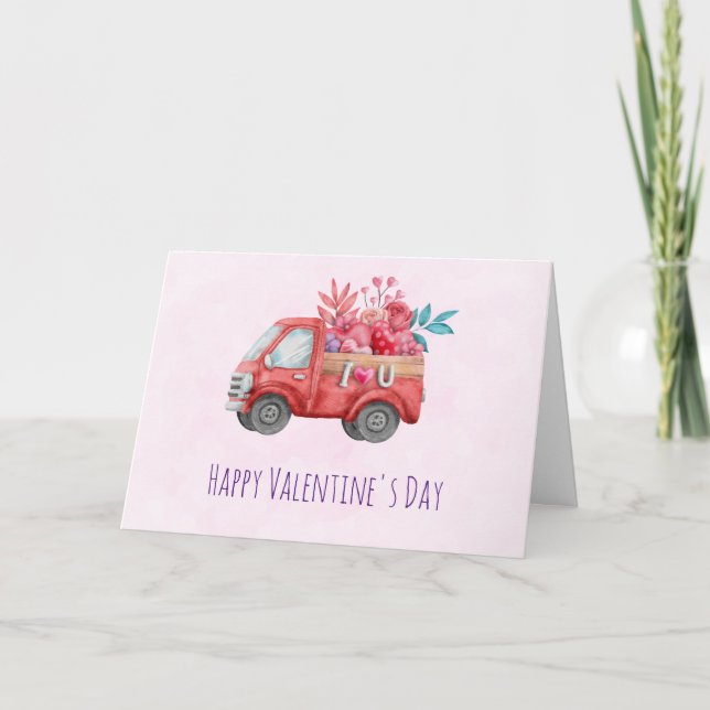 Tarjeta Camión de amor lindo con corazones y flores (Anverso)