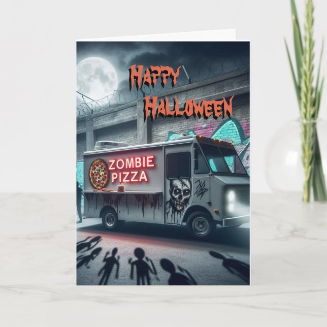 Tarjeta Camión De Comida Zombie Pizza En Halloween (Anverso)