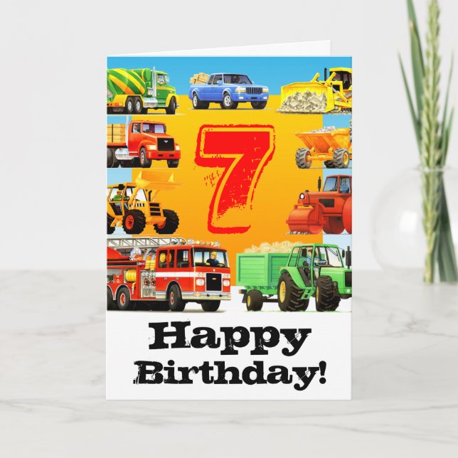 Tarjeta Camión de construcción infantil sétimo cumpleaños (Anverso)