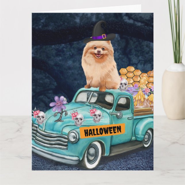 Tarjeta Camión de Halloween de perro de Pomerania (Anverso)