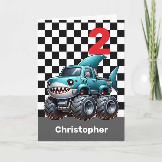 Tarjeta Camión de monstruo del tiburón segundo cumpleaños (Anverso)