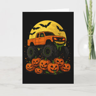 Tarjeta Camión monstruo de Halloween aplastando calabazas