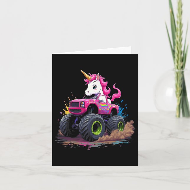 Tarjeta Camión Monstruo de la fiesta de cumpleaños Unicorn (Anverso)