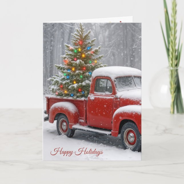 Tarjeta Camión Retro Rojo Con Árbol De Navidad (Anverso)