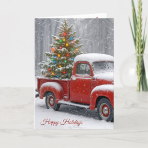 Tarjeta Camión Retro Rojo Con Árbol De Navidad
