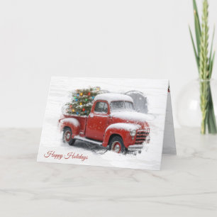 Tarjeta Camión Retro Rojo Con Árbol De Navidad
