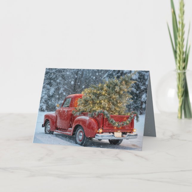 Tarjeta Camión Retro Rojo Con Árbol De Navidad En Copos De (Anverso)