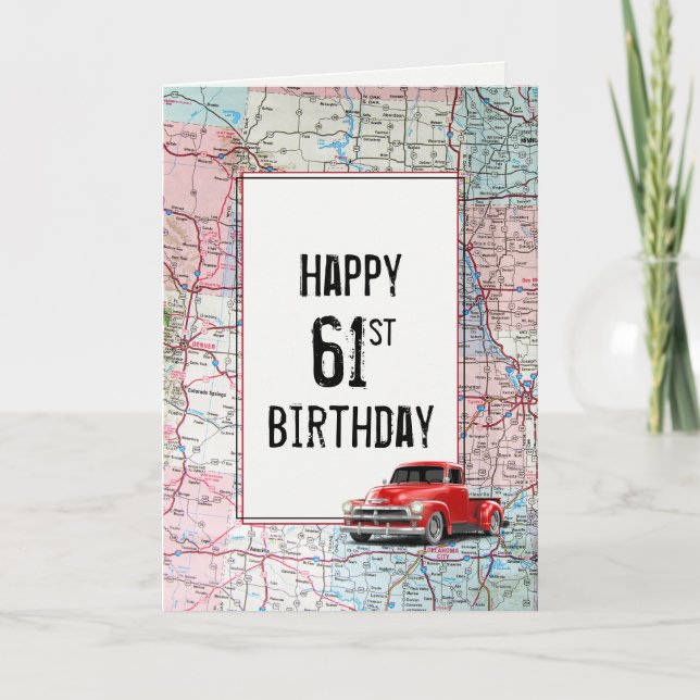 Tarjeta Camión retro rojo cumpleaños 61 en el mapa  (Anverso)