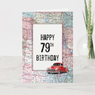 Tarjeta Camión retro rojo cumpleaños 79 en mapa