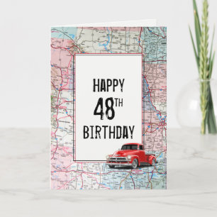 Tarjeta Camión Retro Rojo de Cumpleaños 48 en Mapa
