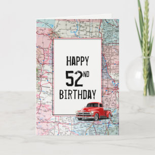 Tarjeta Camión Retro Rojo de cumpleaños 52 en mapa