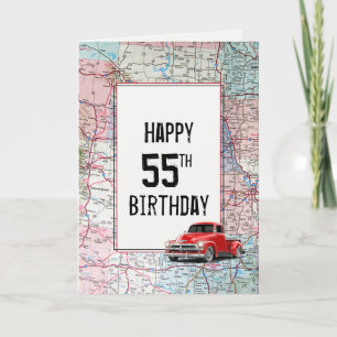 Tarjeta Camión Retro Rojo de cumpleaños 55 en el mapa