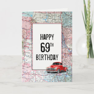 Tarjeta Camión retro rojo de cumpleaños 69 en mapa