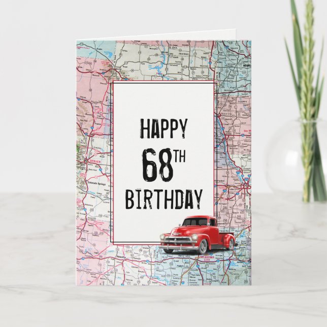 Tarjeta Camión retro rojo en el mapa para el 68 cumpleaños (Anverso)