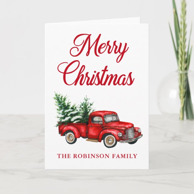Tarjeta Camión Rojo color agua Feliz Navidad doblado (Anverso)