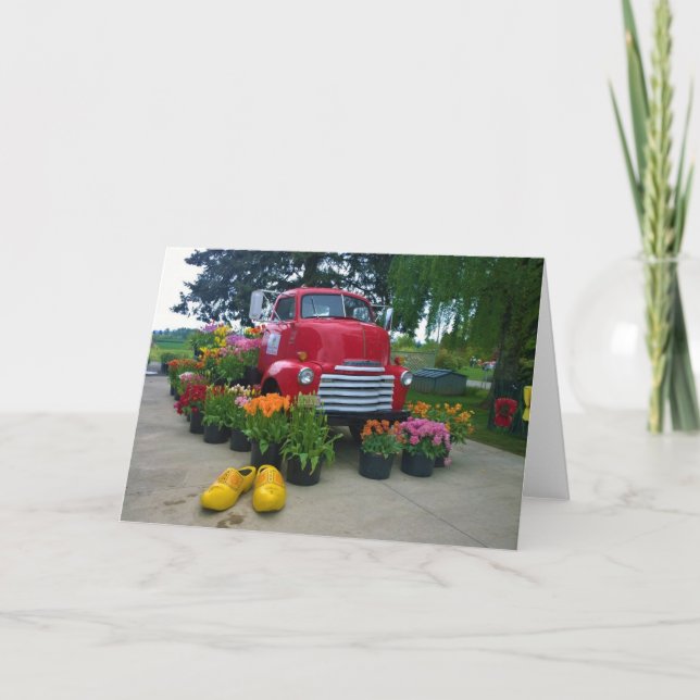Tarjeta Camión rojo con tulipanes, Oregón (Anverso)
