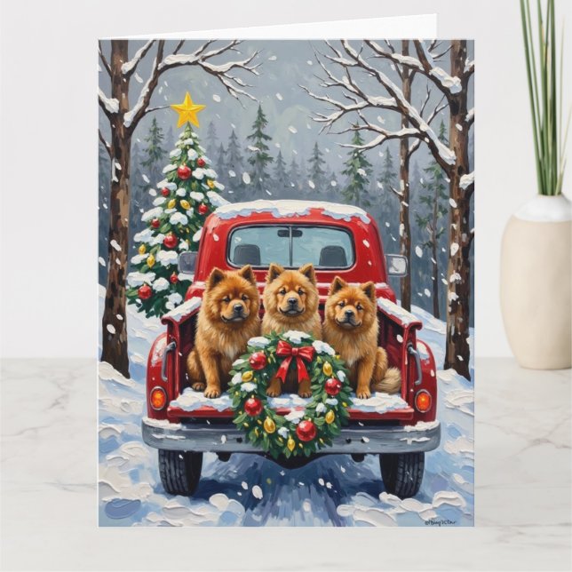 Tarjeta Camión Rojo de Navidad Chow Chow Festejo (Anverso)