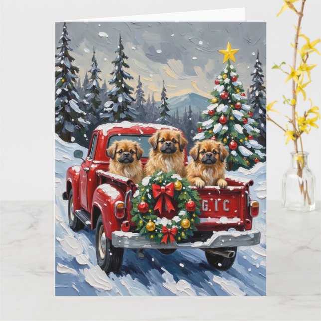 Tarjeta Camión Rojo de Navidad con Pekinés Feriado (flor amarilla)