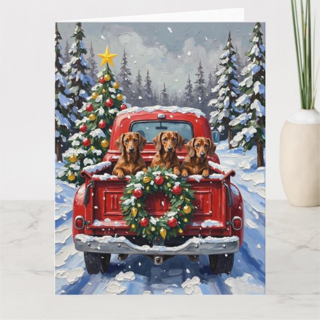 Tarjeta Camión Rojo de Navidad Dachshund Fiesta (Anverso)