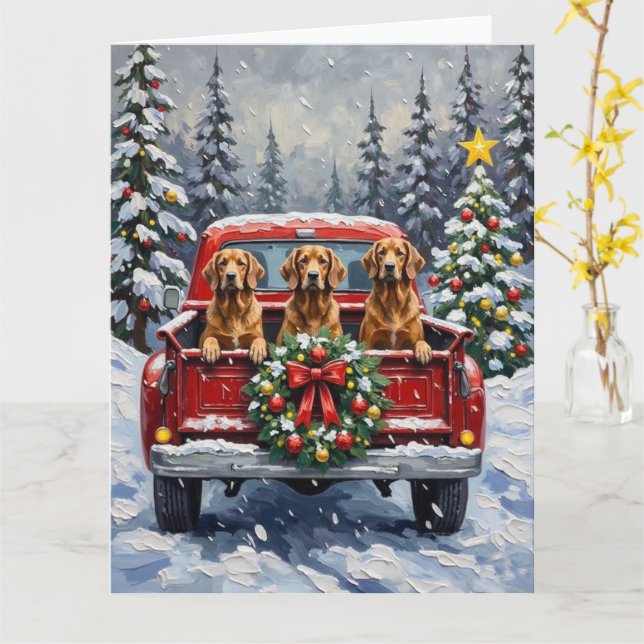 Tarjeta Camión Rojo Navideño con Lebrel Afgano Fiesta (flor amarilla)
