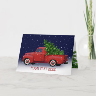 Tarjeta Camión rojo vintage llevando árbol de Navidad