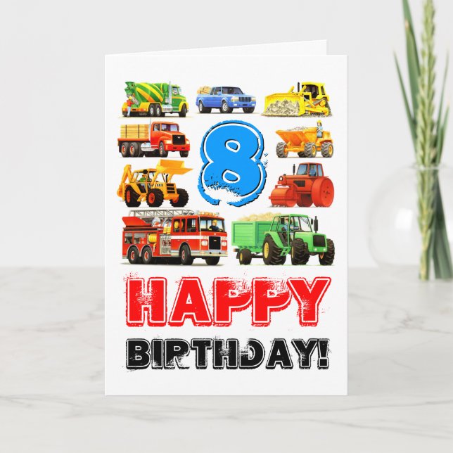 Tarjeta Camiones de construcción de niño octavo cumpleaños (Anverso)
