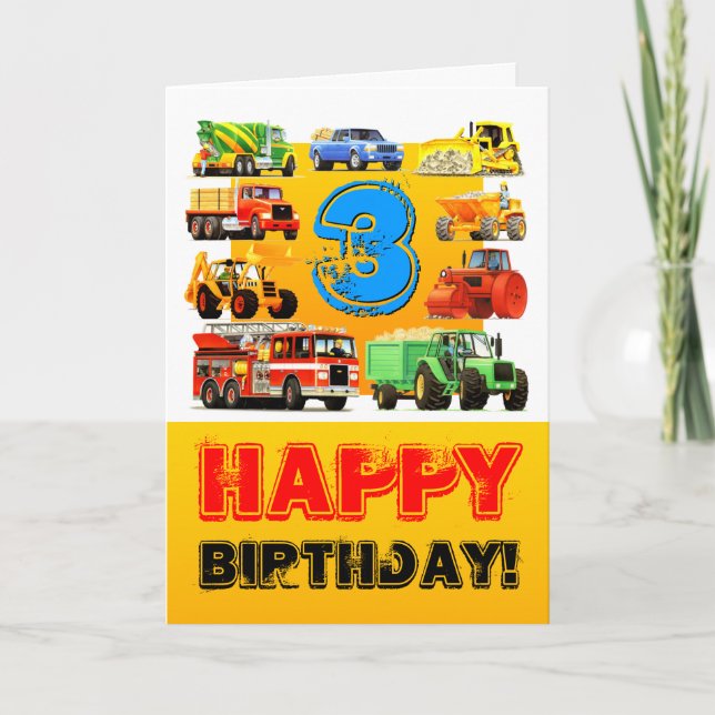 Tarjeta Camiones de construcción feliz tercer cumpleaños d (Anverso)