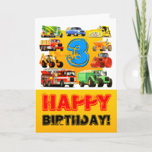 Tarjeta Camiones de construcción feliz tercer cumpleaños d