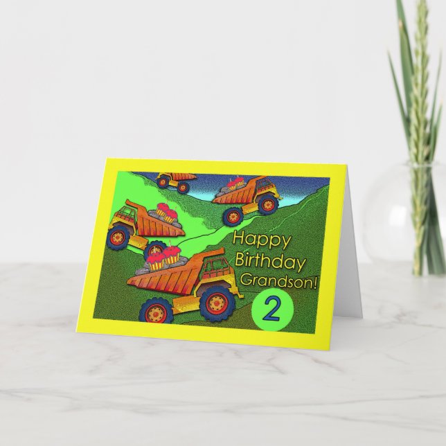 Tarjeta Camiones volcados con pasteles, cumpleaños para ni (Anverso)