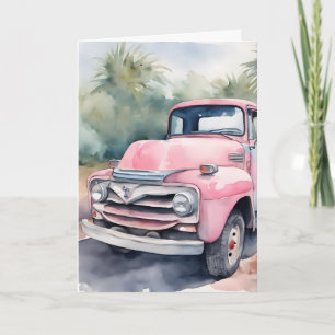 Tarjeta Camioneta Retro Rosa Acuarela Cumpleaños