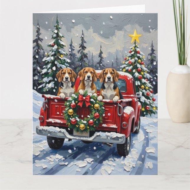 Tarjeta Camioneta Roja de Navidad Beagle Fiesta (Anverso)
